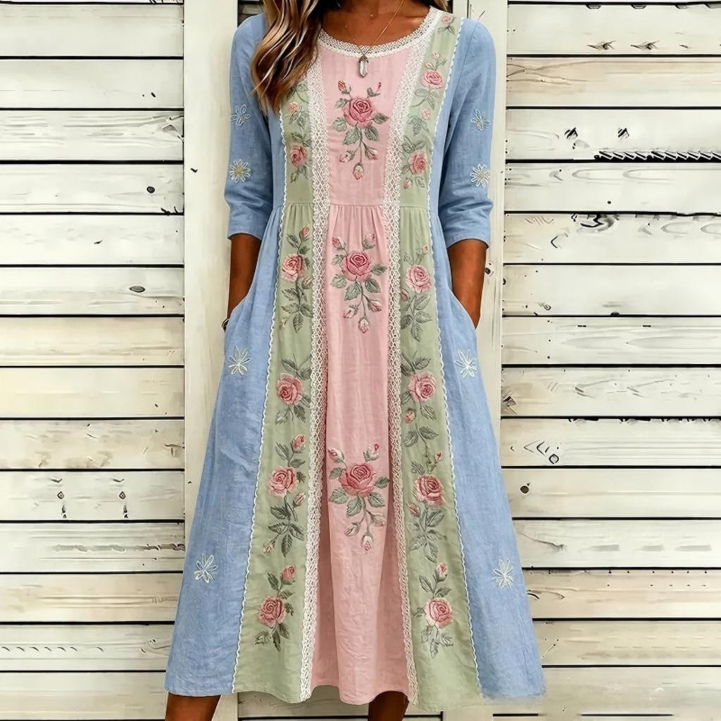 Women's Crew Neck Long Sleeve Loose Fit A-Line Midi Dress Casual 3D Floral Print