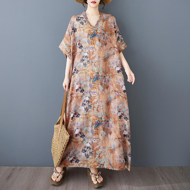 

DIMANAF 2025 Summer Plus Size Dress Women Casual Long Dress Loose Vintage Floral Printing Basic Dress Maxi One Size коричневый
