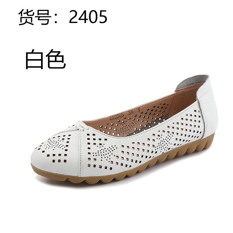 Fashion GKTINOO White Genuine Leather Ladies Breathable Summer Shoes Women Flats Slip-On Loafers Round Toe Soft Flat Shoes Casual