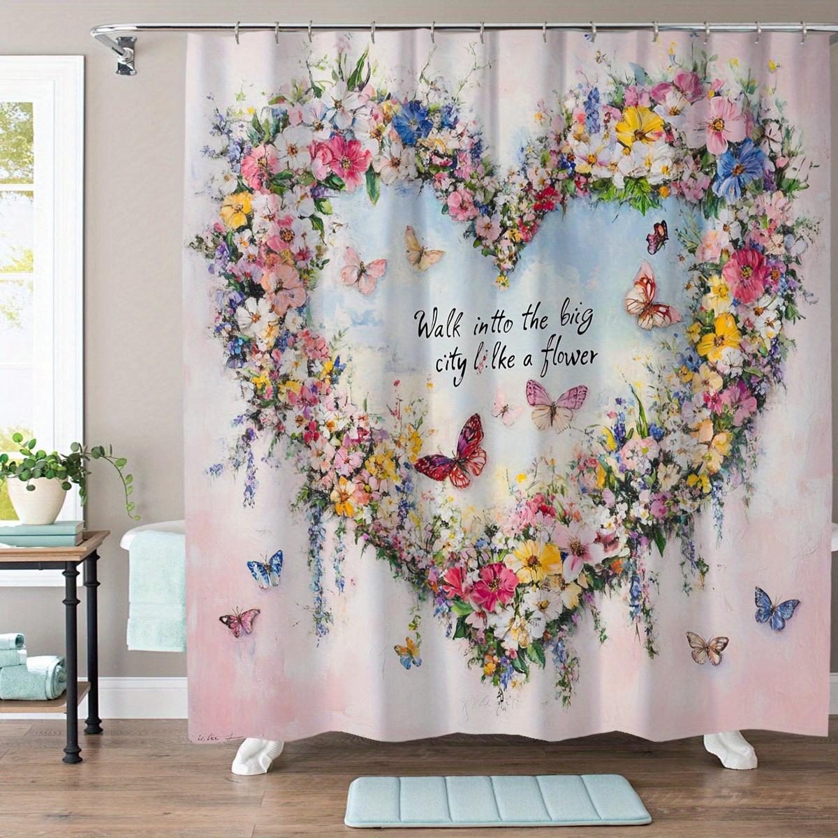 

1Pc Heart Garland Digital Print Shower Curtain, Machine Washable, Vivid Floral And Butterfly Pattern, Home Decor, Bathroom Decor W60H190(CM)-1 Pcs