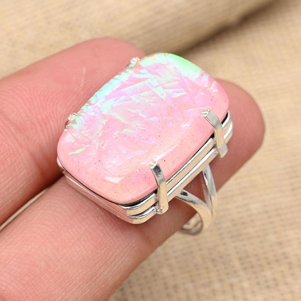 Roz Australian Triplet Opal Gemstone Bijuterii lucrate manual Inel din argint 925 pentru ea