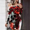 Women's One Shoulder Long Sleeve Bodycon Mini Dress, Skeleton Print Ruched Slim Fitting Party Dress