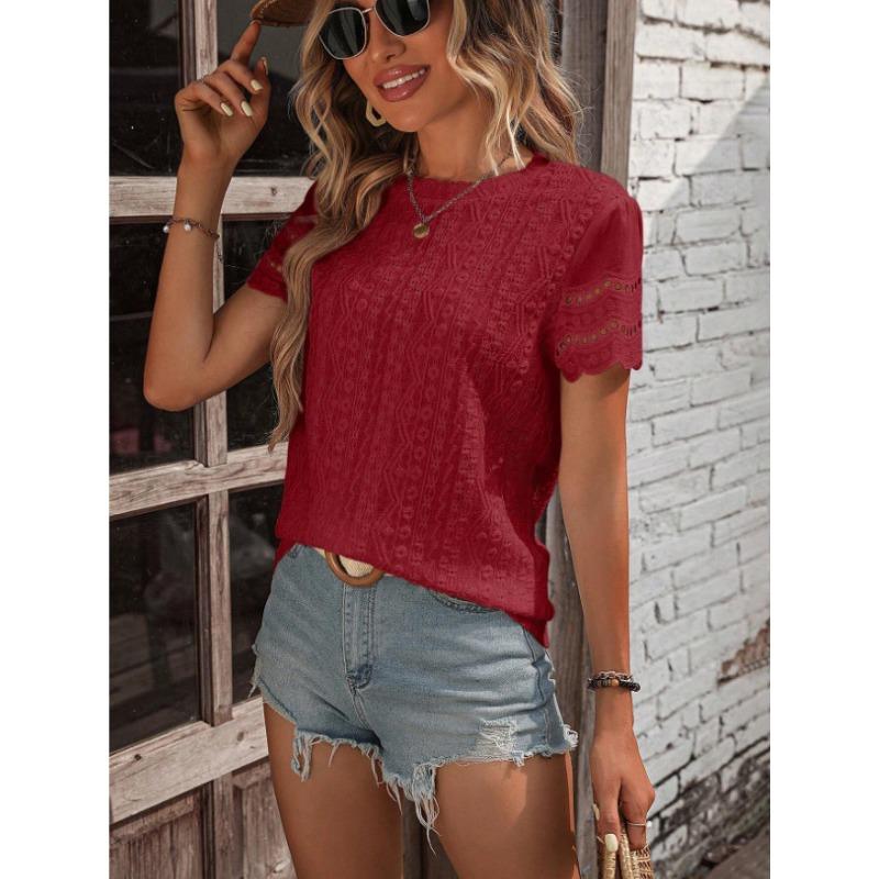 DAFIFY Women's Fashion Casual Summer Spring Solid Color Print Short Sleeve O-Neck Blouses & Shirts