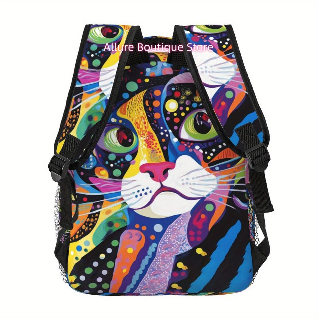 Vibrant Cat Graphic Backpack - Lightweight, Double-Compartment Design with Zipper Closure, Large Capacity for Travel, Campus, an