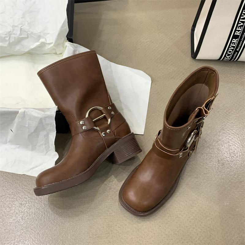 

Тенденция 2024, зимние короткие ботинки для женщин, модные байкерские ботинки с пряжкой на ремне, женские элегантные женские рыцарские ботинки на квадратном каблуке Size 35(foot 22.5cm) коричневый