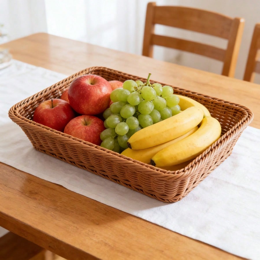 Rattan Fruit Basket Woven Display Crate Rectangular Bread Vegetable Showcase Basket Desktop Organizer for Melons and Fruits Multi-functional storage