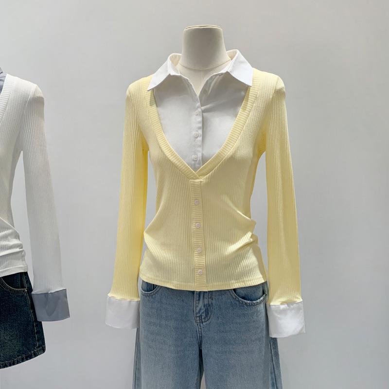 

Women s Autumn/Winter 2026 Contrast Collar Patchwork Two-Piece Style Top - Elegant, High-End Innerwear. Large жёлтый