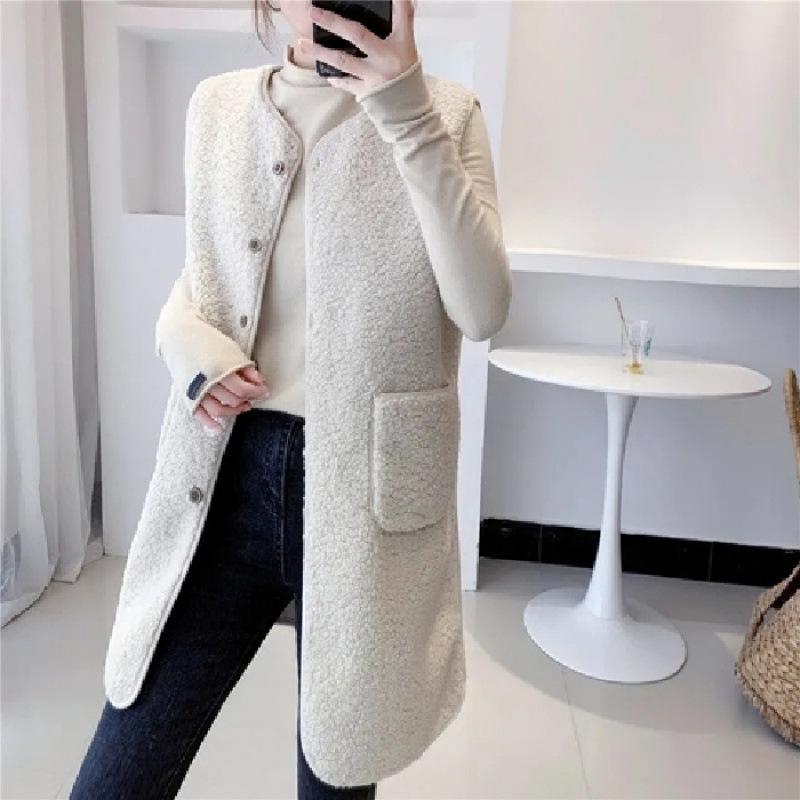 FASHION medium  long vest women's autumn  winter medium  long imitation lamb wool vest fashion new foreign versatile women's coat Clothes