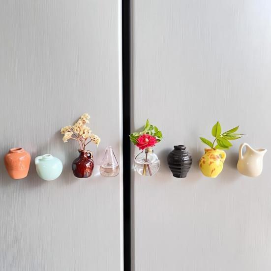 8Pcs Mini Resin Vase Refrigerator Locker Fridge 3D Magnet Home Office Kitchen Miniature Flower Vase Magnetic