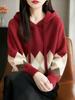 Women's Loose Red Diamond Pattern Hooded Sweater - Autumn/Winter Stylish Knit Top