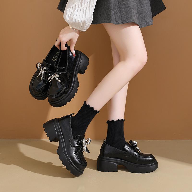 Platform women's autumn skirt British style small leather shoes bow casual shoes