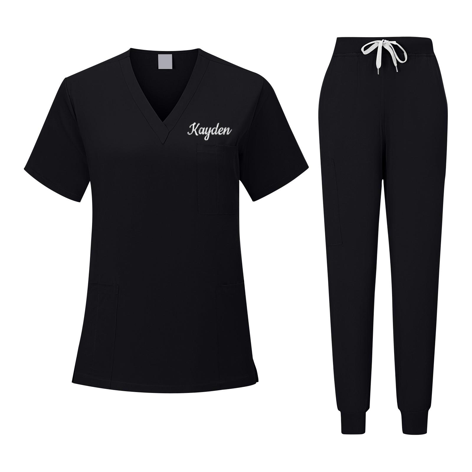 Персонализированный Пользовательский Вышитый Текст Унисекс V-образный вырез Однотонный Быстросохнущая Ткань Тонкая Клиническая Рабочая Одежда Одежда для Ручной Стирки Одежда XXL чёрный
