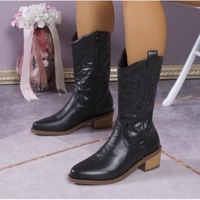 Новые серебристые металлические ковбойские сапоги для женщин остроносые с широким голенищем в западном стиле на молнии с вышивкой на наборном каблуке свадебные весенние туфли 37 чёрный 4200₽