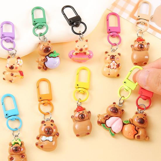 24/50Pcs Capybara Keychains Set Cartoon Resin Doll Charm Keychains Metal Key Ring