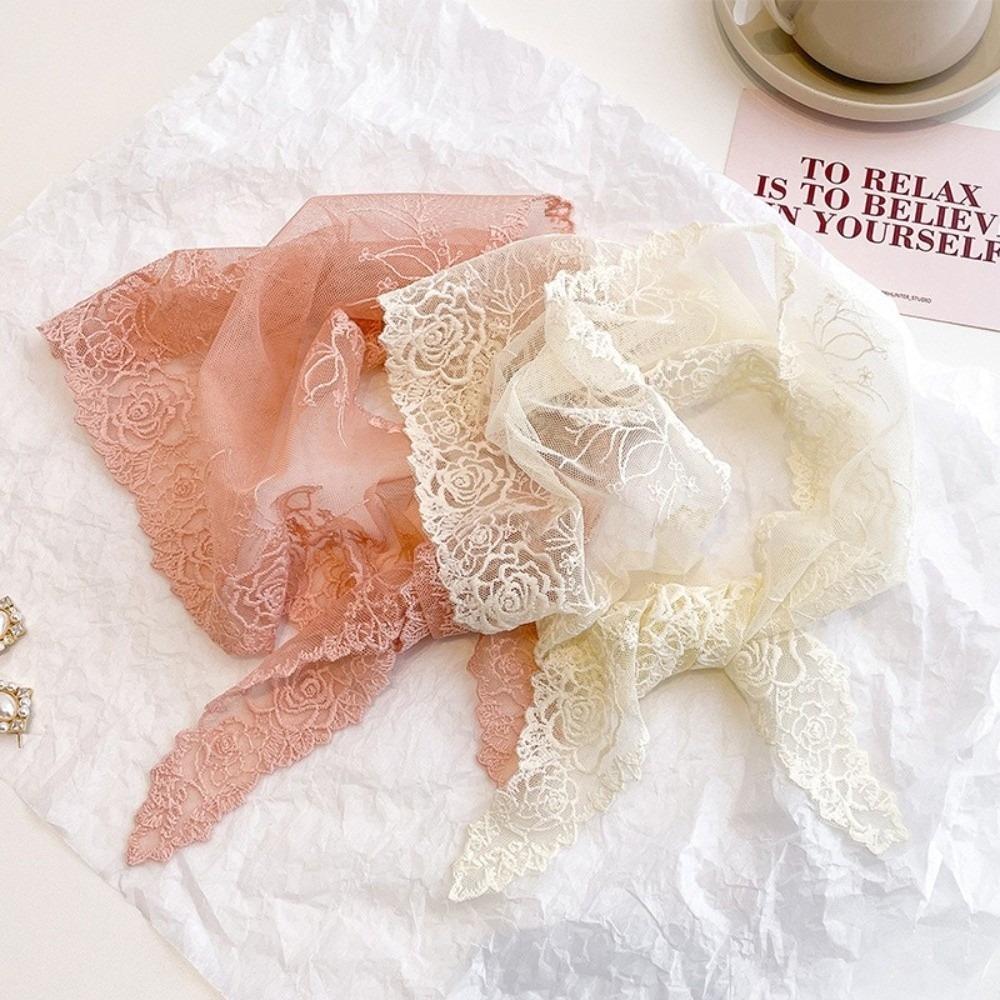Versatile Elegant Silk Scarf Flower Embroidered Solid Color Triangular Scarf Retro Breathable Lace Scarf for Women