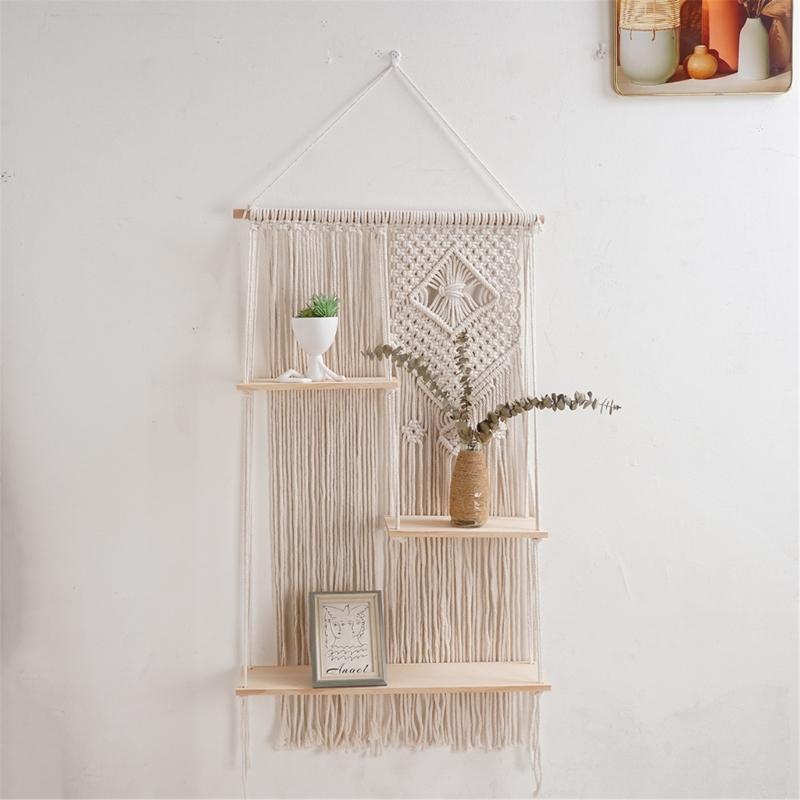Macrames Wall Shelf 3 Tiers Tassels Shelves for Wall Tapestry Hangings Shelves Cotton Rope Organizers Indoor Plant Decors