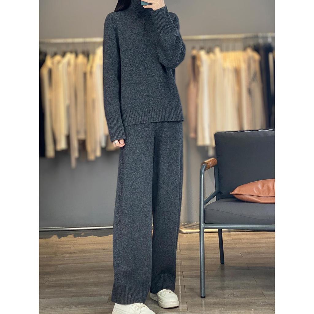 2025 Autumn/Winter High Neck Wool Knitwear & Wide Leg Pants Set