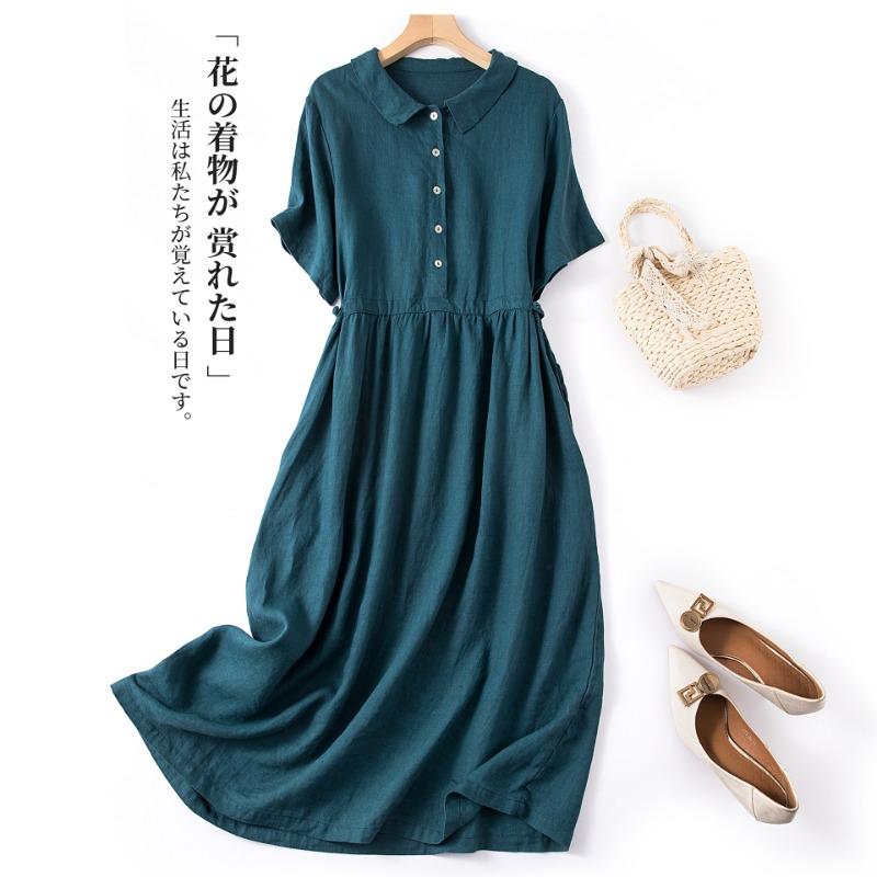 

Cotton and Linen Korean Version Dress for Women, Spring and Summer Short Sleeved Retro Loose Long Skirt 2XL рожевий