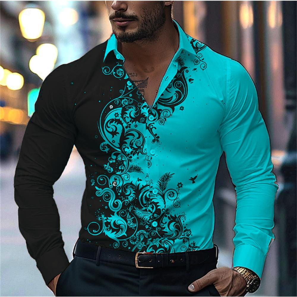 2024 New Men's Casual Street Print Pattern Shirt Fashion Casual Spring and Autumn Splicing Long Sleeved Lapel Shirt Tops