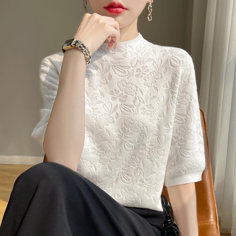 

2024 Летняя корейская жаккардовая шелковая женская трикотажная футболка с коротким рукавом и высоким воротником