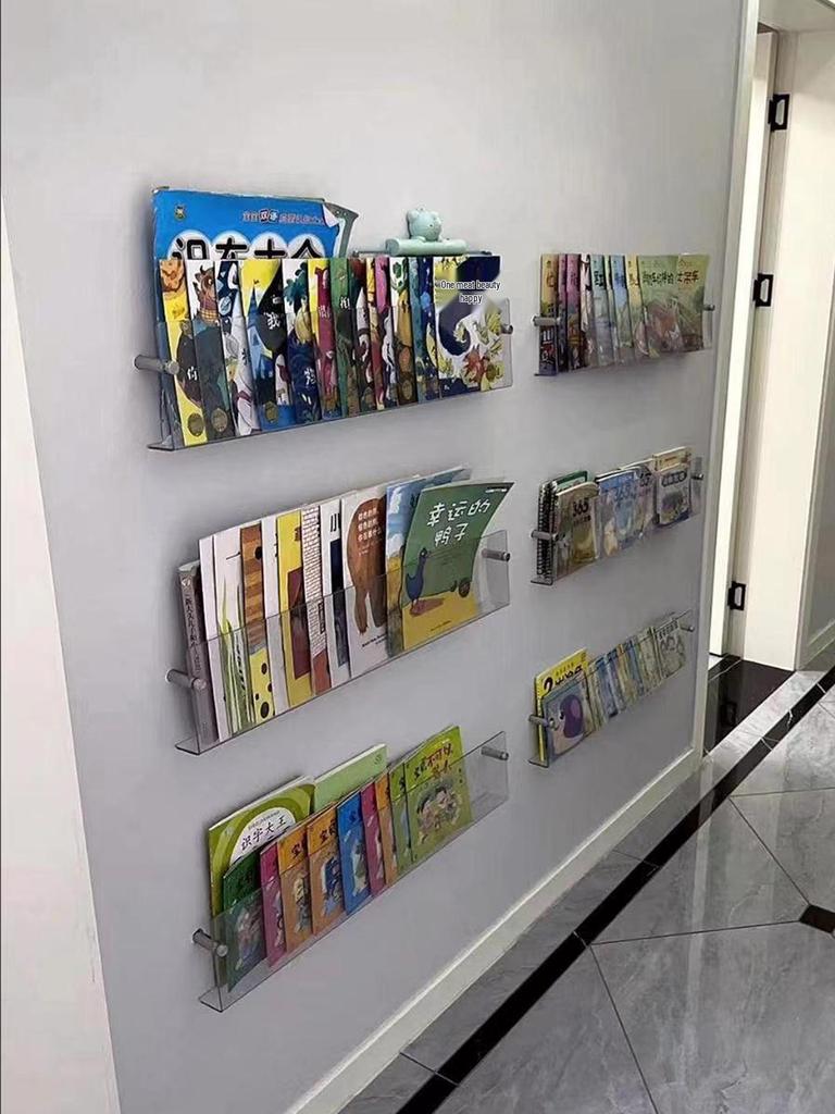 Acrylic Wall-Mounted Transparent Bookshelf for Children's Books and Magazines, Punch-Free Display Rack.