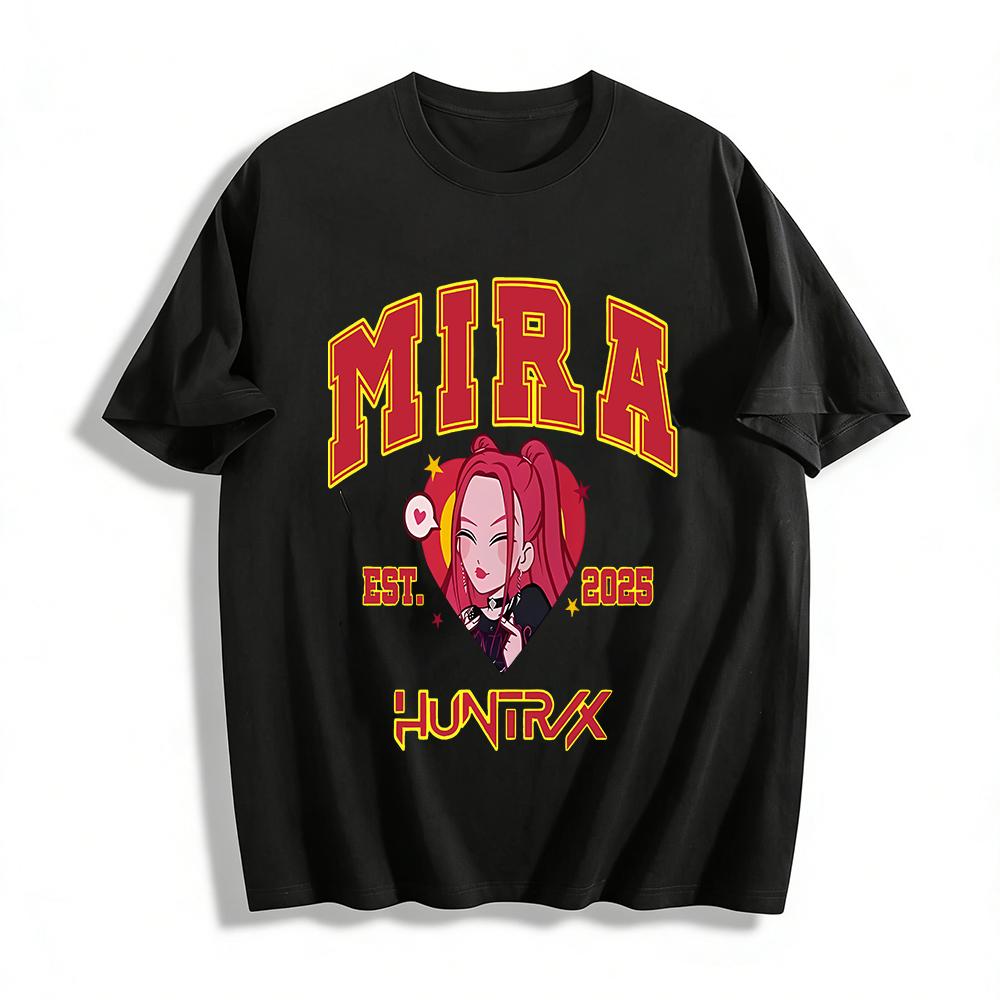 

2025 New MIRA HUNTRX Red Hair Girl Print T-shirt American College Style Loose Casual Trendy Top Pure cotton T-shirt XXS