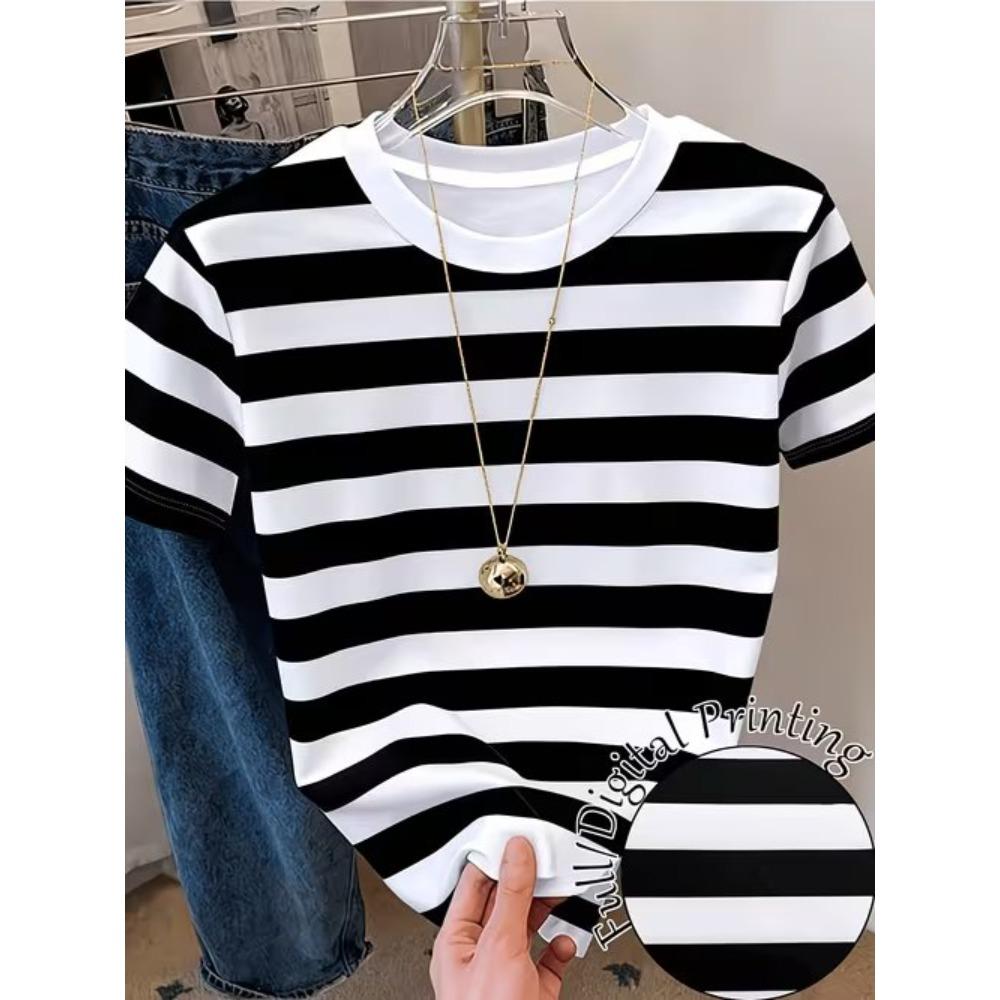 Fashion Women Striped Print T Shirt Funny Casual O-neck Short Sleeves T-shirt Summer Female Tee Shirt