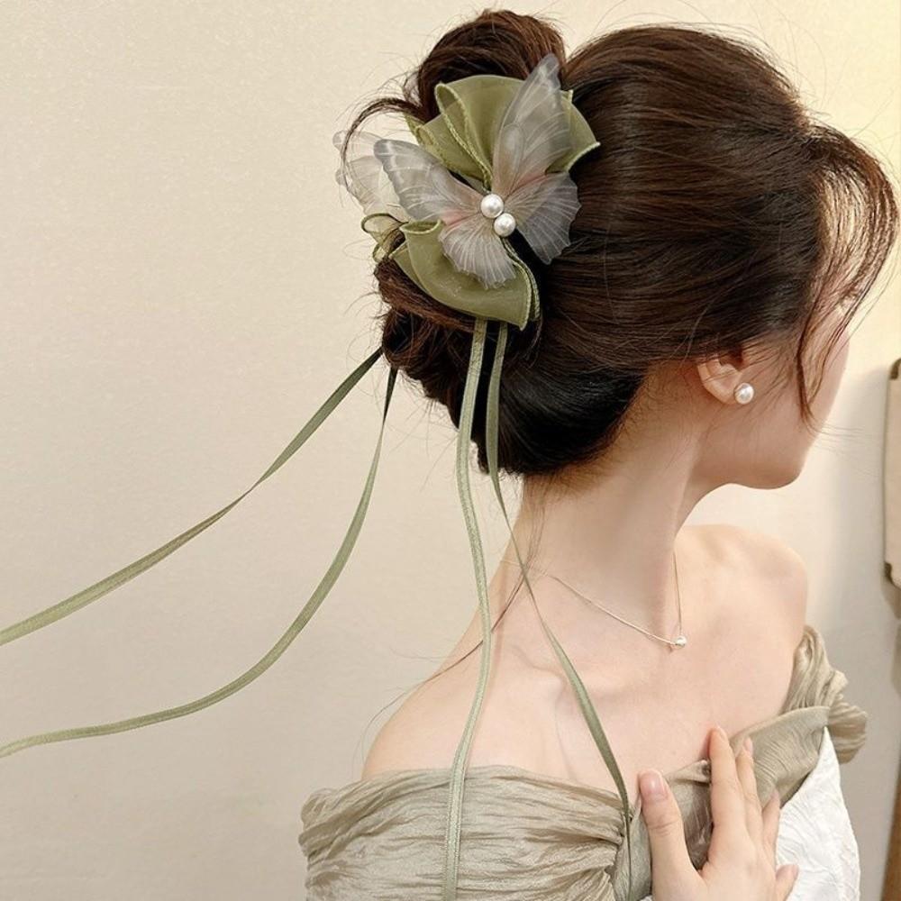 Imitation Pearl Decor Butterfly Hair Clip Chinese Style Bow Hair Claw New Hair Claw Clip Headdress