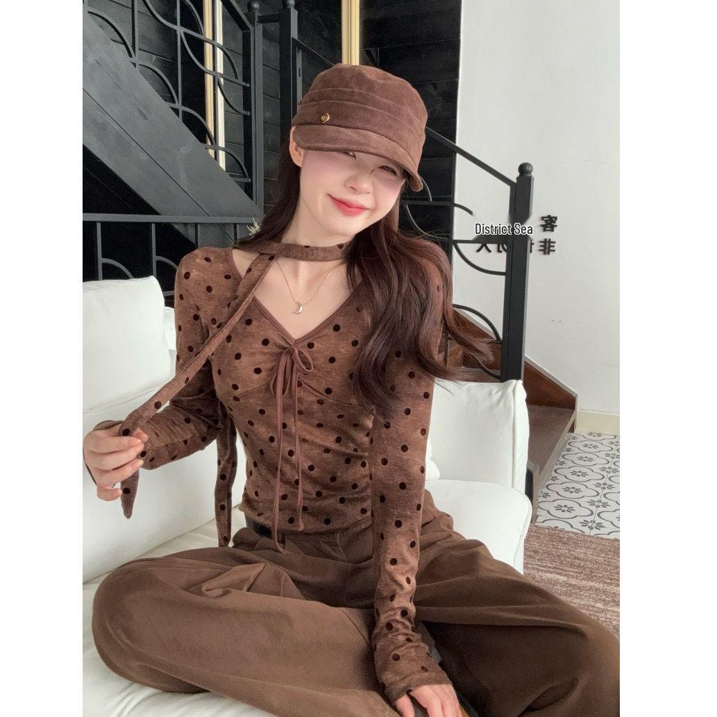 

Retro Polka Dot Tie-Up V-Neck Long Sleeve Slim Fit T-Shirt for Women - Autumn Base Layer Design Large