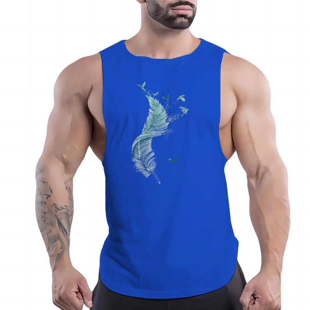 Summer Adult Men'S Outdoor Fitness Crew-Neck Vest Creative Feather Pattern 2d Print Breathable Comfortable Sleeveless Shirt