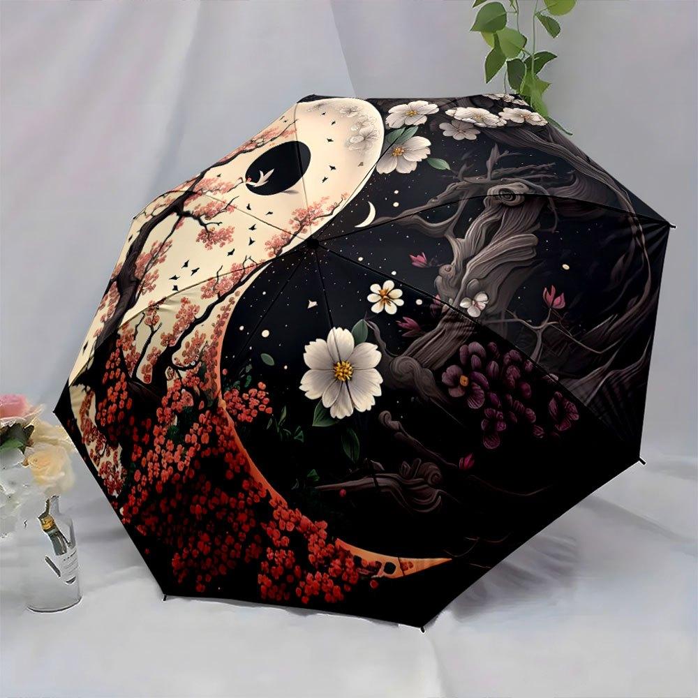 Automatic Folding Umbrella A Yin-yang Design with Cherry Blossoms and Night Flowers. Portable Collapsible Design, Casual Outdo