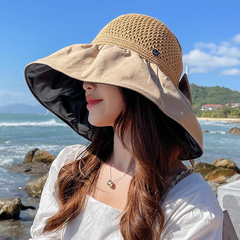 Women's Summer UV-Resistant Open-Top Black Hat with Bow and Wide Brim