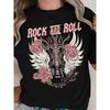 Rozmiary europejskie Damska koszulka Vintage Rock 'n' Roll z gitarą - Miękny retro nadruk ze skrzydlatą gitarą i różowymi różami z napisami w stylu logo rockowego