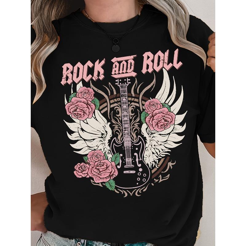Европейские размеры Женская винтажная футболка с графическим принтом в стиле Rock & Roll с изображением розовых роз и крылатой гитары - Повседневная футболка с коротким рукавом, Ретро-одежда для фанатов музыки S чёрный