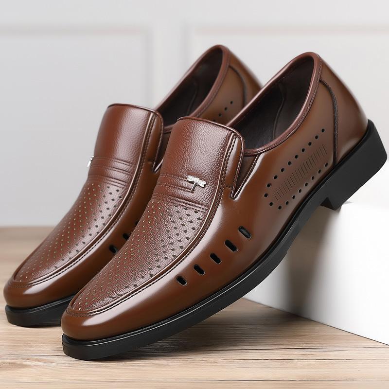 Leather shoes men's summer leather men's business dress size 48 dad shoes size 47 hollow one pedal breathable sandals