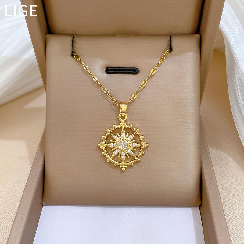 Titanium Steel Light Luxury Full Diamond Micro-Inlaid Zircon Sun Octagram Necklace Copper Electroplated Real Gold Pendant