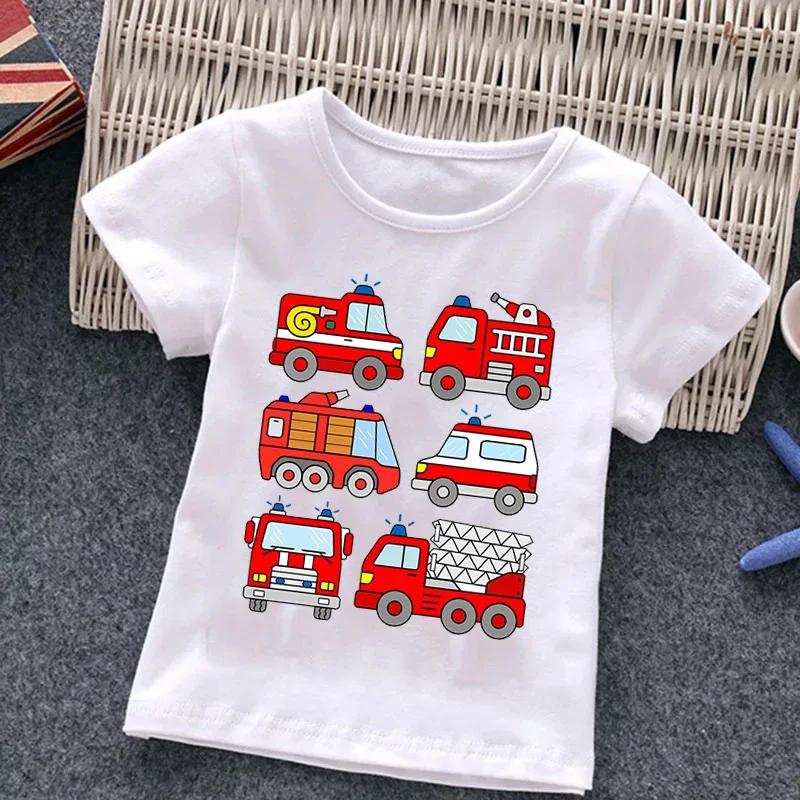 Firetruck Firefighter Kids Clothes Short-sleeved T-shirts Children Sweatshirt Cartoon Cartoon Car Excavator Boys Girls Clothing