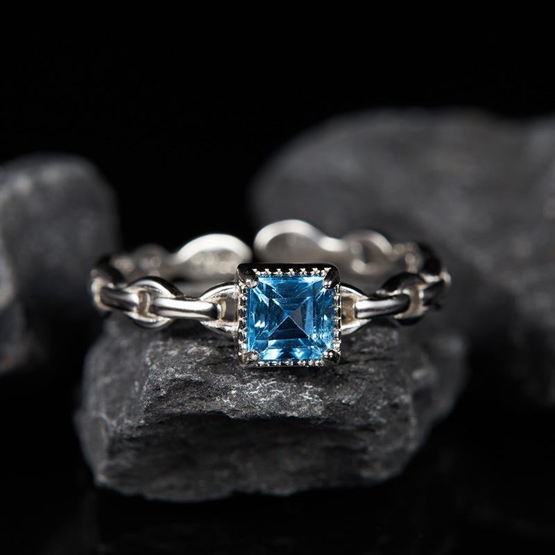 Color Treasure Ring S925 Sterling Silver Inlaid Natural Topaz Sugar Cube Open Ring Ring Fashion High Sense Women