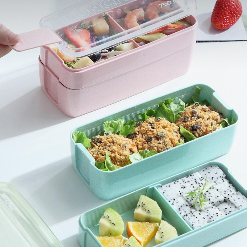 Double-Layer Wheat Straw Lunch Box With Fork And Spoon Microwave Safe Portable Lunch Box For Office Workers And Students