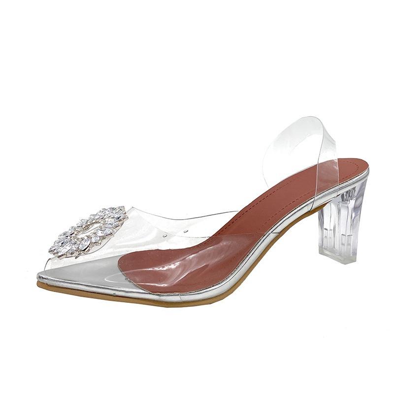 Large size summer pointed head fashion bag head high heels versatile women's crystal heel cool slippers 43