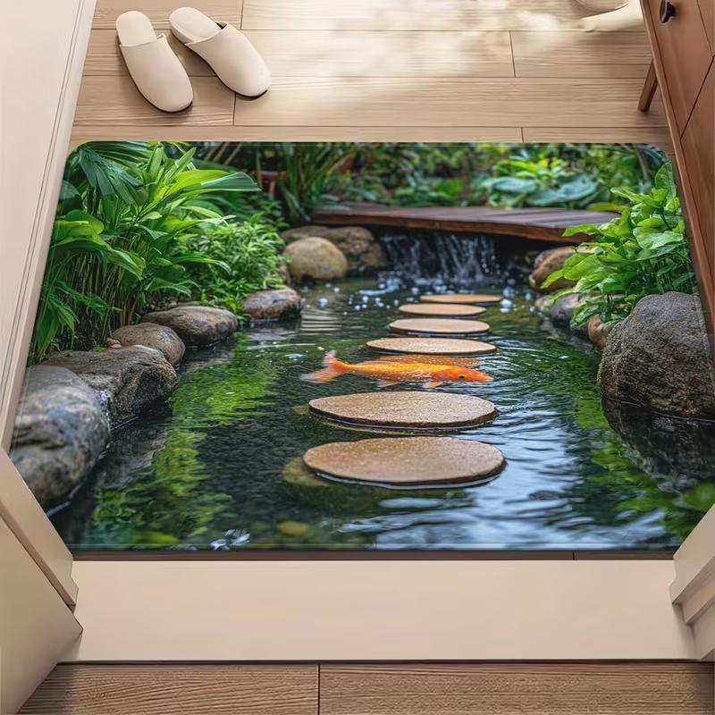 

2D Visual Wooden Bridge Stream Doormat Green Plants Print Carpet Non-Slip Soft Entrance Rug for Bedroom Entryway Indoor Outdoor 40x60cm