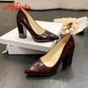 Fashion Aphixta Autumn 10cm/3.94Inch Chunky Heels Pumps Women Shoes Wine Red Patent Leather Sexy Party Official Leisure Plus Szie 33-46