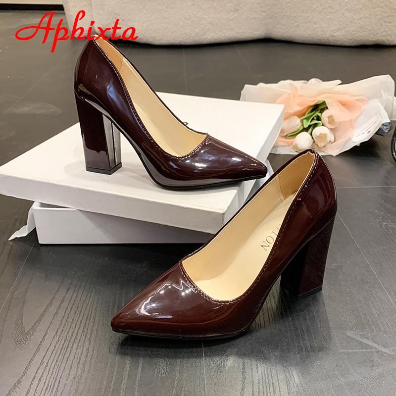 Fashion Aphixta Autumn 10cm/3.94Inch Chunky Heels Pumps Women Shoes Wine Red Patent Leather Sexy Party Official Leisure Plus Szie 33-46