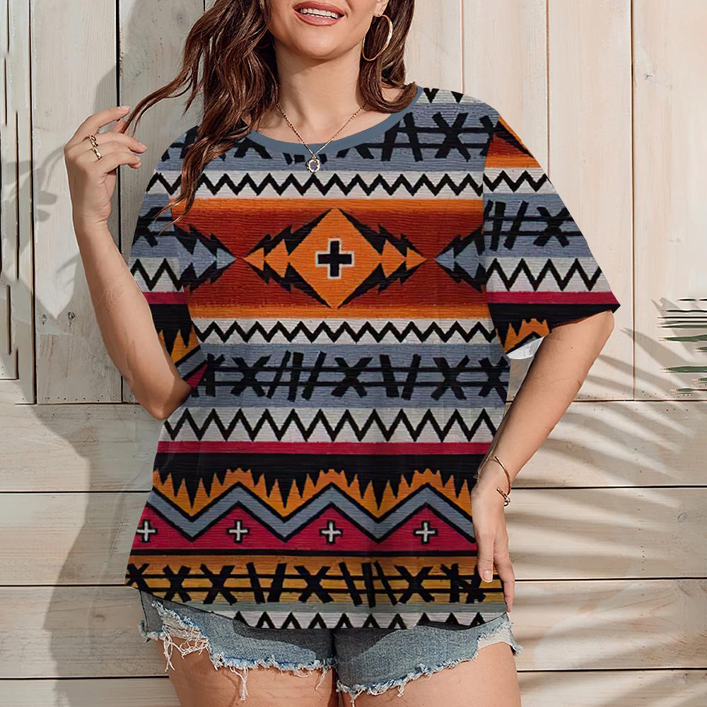Ethnic T-shirt Women's Short Sleeve Retro Harajuku Wind Geometric Printing Summer Outdoor Casual Tops OverSize Women's Clothing