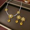 Light Yellow Crystal Diamond Flower Necklace and Earrings Set for Women