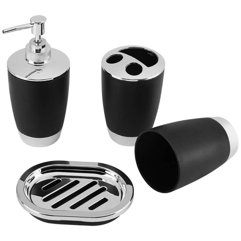4-teiliges Badezimmer-Accessoire-Set mit Seifenspender, Zahnbürstenhalter aus Kunststoff, Waschbecher und Seifenschale schwarz