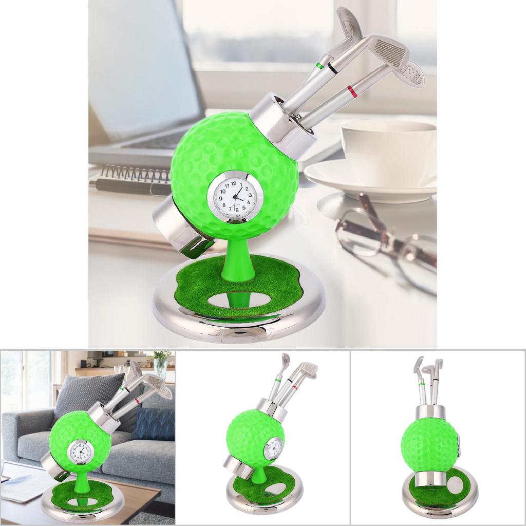 Golf Ball Shape Pen Holder Pencil Vase Desktop Set With Clock 3 Pens for Study Office(green)