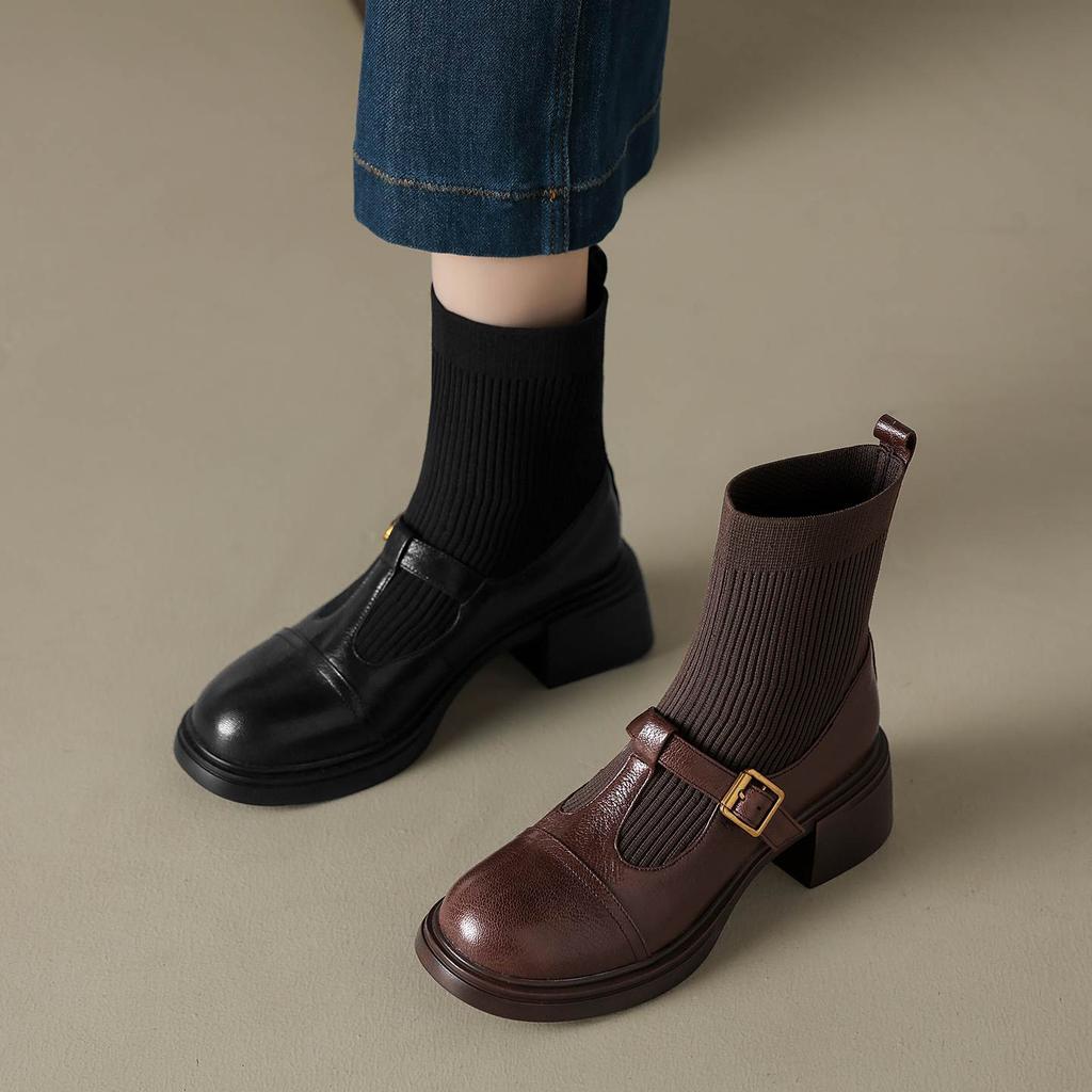 Krazing Pot Cow Skin Round Toe Chunky Heels Stretch Boots Size 42 Women Metal Buckle Knitwear Ankle Boots