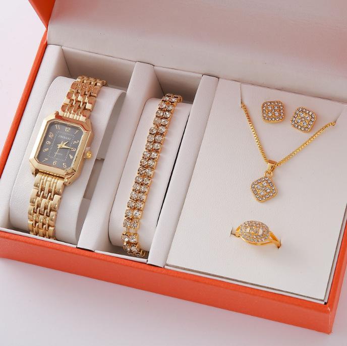 Alloy Light Luxury Diamond-Encrusted Geometric Square Necklace Ring, Earrings, Bracelet, Jewelry Set, Fashionable, Simple And Versatile. large price