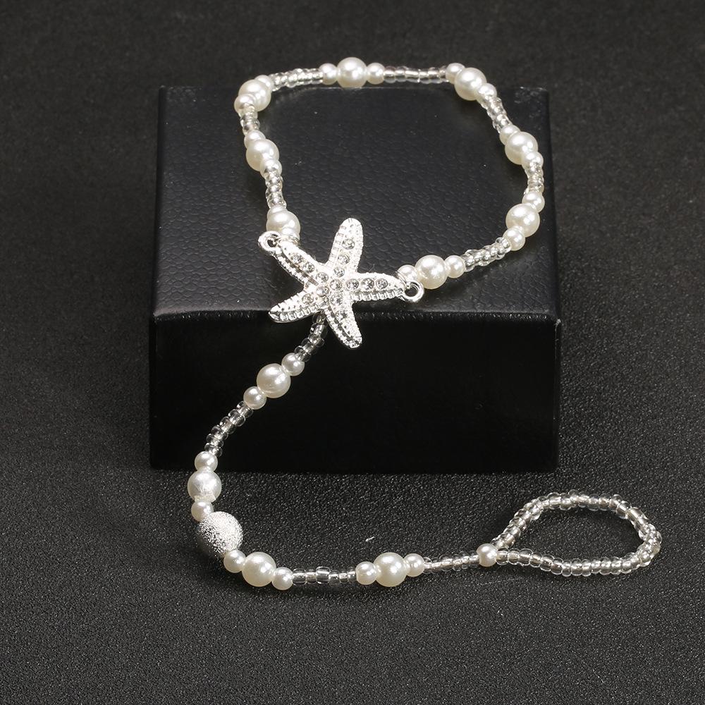 Rhinestone Starfish Pearl Finger Elastic Anklet, Bridal Foot